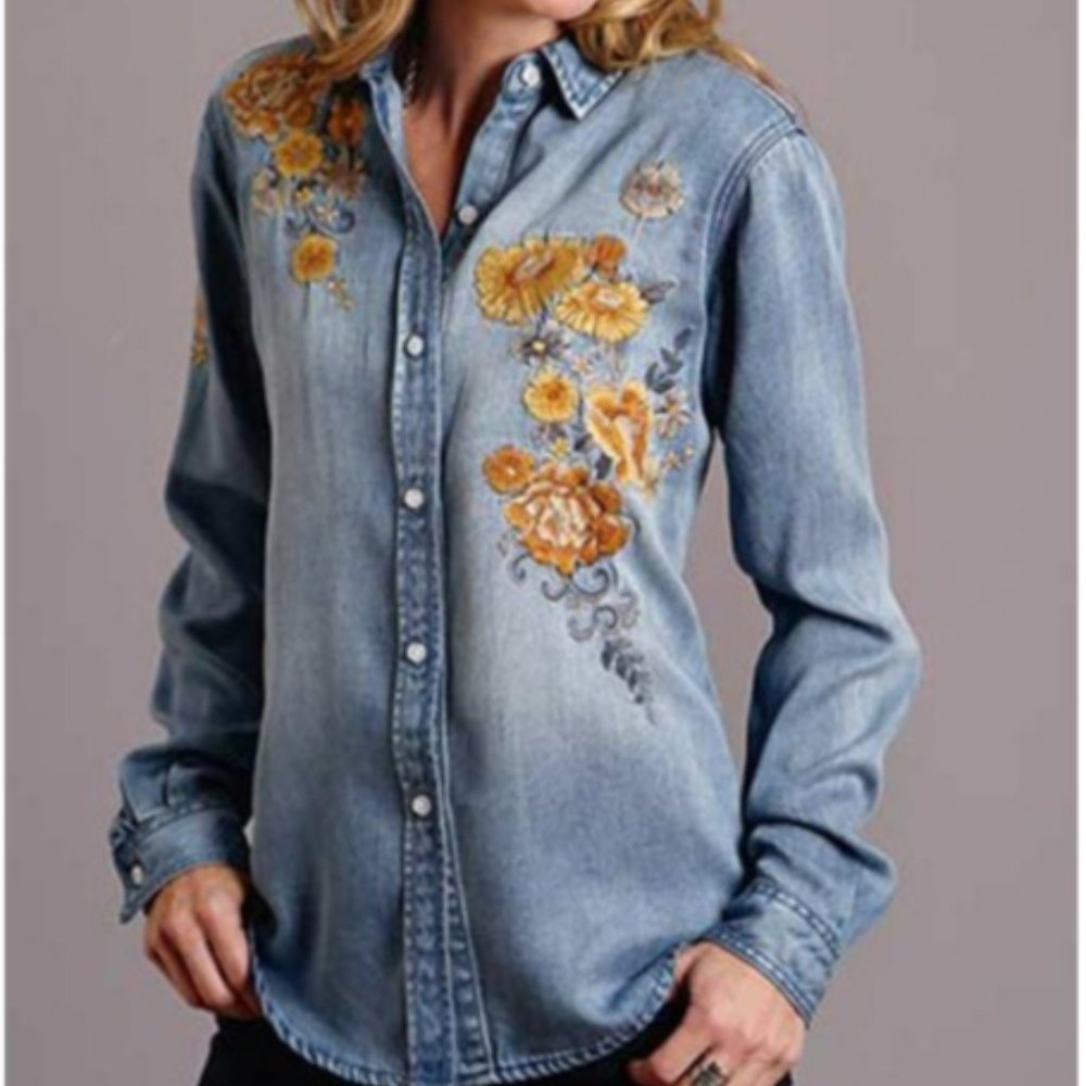 Stetson Light Wash Floral Embroidered Denim Long Sleeve Western Shirt Medium